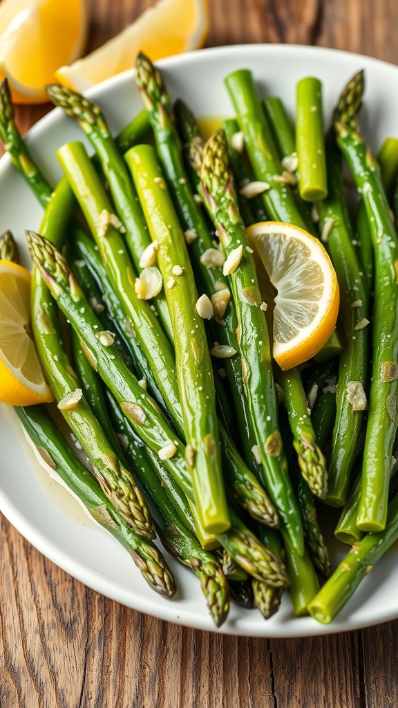 Sautéed Asparagus with Garlic and Lemon Sautéed asparagus with garlic and lemon on a plate, garnished with lemon wedges.
